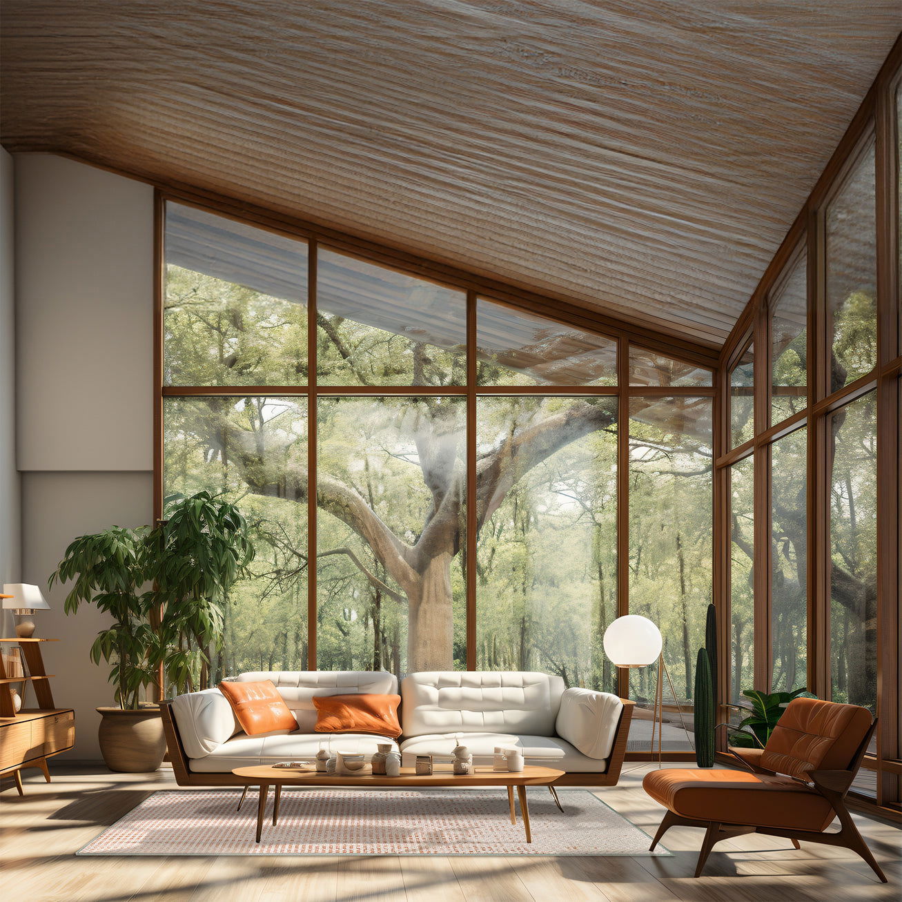 Tappeto Tang 170×240 cm Lindorug collezione Chenny stile Urban in salotto con grandi vetrate in legno, divano crema e tavolino da caffè