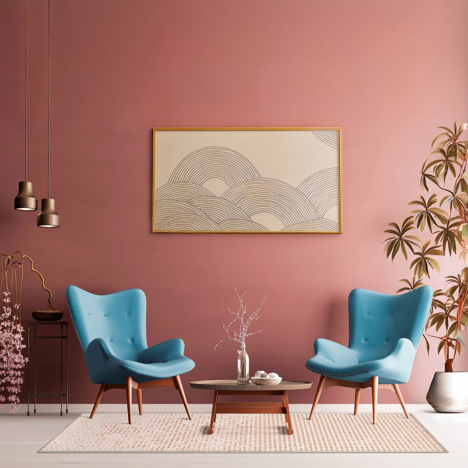 Tappeto Tang 75×200 cm Lindorug collezione Chenny stile Urban in soggiorno con due poltrone turchesi e tavolino basso davanti a parete rosa