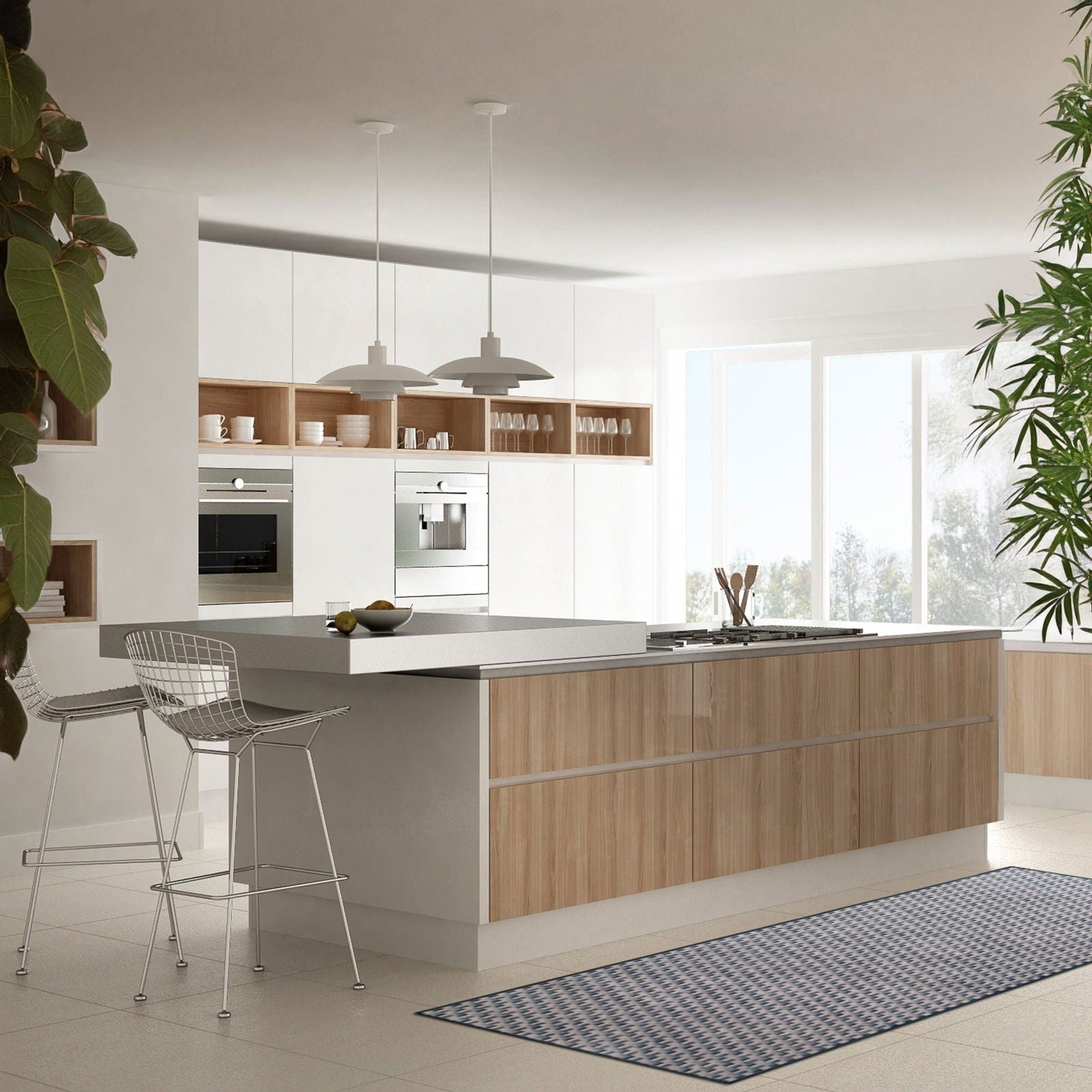 Tappeto Wiker 75×200 cm Lindorug posato in una cucina minimal con isola centrale in legno e sgabelli moderni